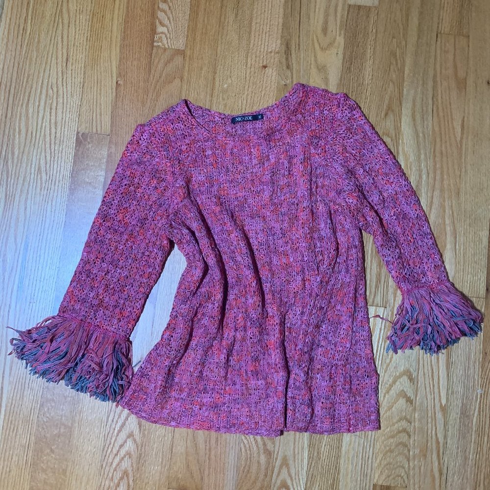 Nic+Zoe  Multi rose colored Tape Yarn marled sweater with fringe at sleeve hem.